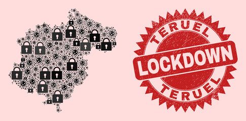 Vector Covid-2019 lockdown mosaic Teruel Province map and rubber watermark. Lockdown red watermark uses sharp rosette shape. Mosaic Teruel Province map is designed from Covid, and locked icons.