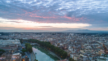 Fototapeta na wymiar Aerial photography with drone on rome, the photo was taken at dawn, along the Tiber with the whole panorama of the city of Rome