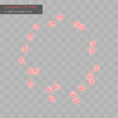Garland of wire from red lights, on light transparent background with shadow. Vector illustration. Holiday template decoration, design, decor. Elements for flyer, poster, banner, web.