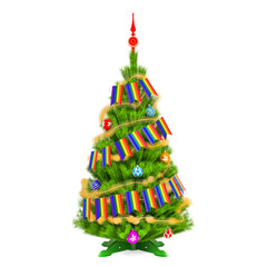 Christmas tree with LGBT rainbow Xmas pennant flags, 3D rendering
