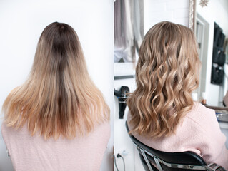 Blonde woman before and after visiting hairdresser