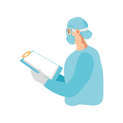nurse in safety protection suit, mask, glasses and clipboard