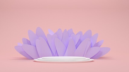 Podium for product demonstration. Round white pedestal on a pink and lilac background of abstract elements. Pastel colors. 3d rendering.