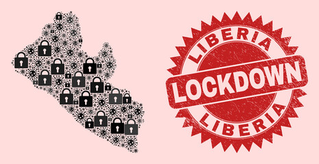Vector Covid-2019 lockdown combination Liberia map and unclean stamp print. Lockdown red stamp seal uses sharp rosette form. Mosaic Liberia map is composed of Covid, and locked items.
