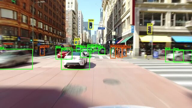 Autonomous car driving through a crowded street in Los Angeles. Computer vision with object detection system that creates boxes to recognize the different objects in the streets. AI.