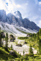 Fototapeta na wymiar Details of Dolomites Mountains in Val di Funes, poetic view, perfect for trekking, Italy