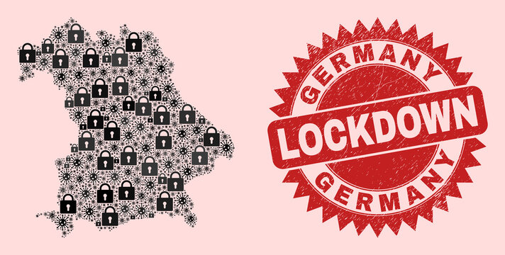 Vector Covid-2019 lockdown collage Germany map and unclean stamp print. Lockdown red seal uses sharp rosette form. Collage Germany map is done of covid- 2019 virus, and lock symbols.