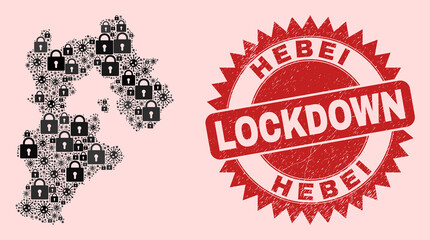 Vector Covid-2019 lockdown combination Hebei Province map and grunge seal. Lockdown red seal uses sharp rosette form. Mosaic Hebei Province map is formed of Covid-2019, and lock icons.