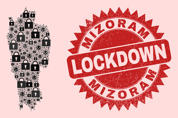 Vector coronavirus lockdown collage Mizoram State map and unclean stamp print. Lockdown red stamp uses sharp rosette form. Collage Mizoram State map is created of coronavirus, and locked symbols.
