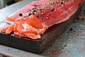 Gravlax, scandinavian beet cured spiced salmon on the board, top view, salted red fish