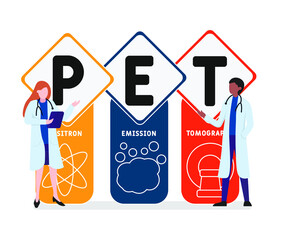 Flat design with people. PET - Positron Emission Tomography  acronym, medical concept background.   Vector illustration for website banner, marketing materials, business presentation, online advertisi