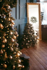new year's interior, decorations, toys on the Christmas tree, beautiful hall