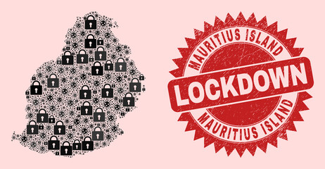 Vector coronavirus lockdown collage Mauritius Island map and unclean stamp seal. Lockdown red stamp seal uses sharp rosette form. Collage Mauritius Island map is constructed from coronavirus,