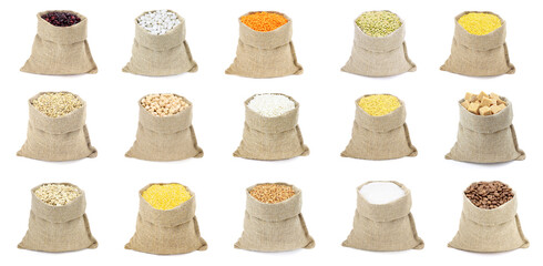 The set of cereals in sacks isolated on a white background. Collection of cereals and flakes in bags