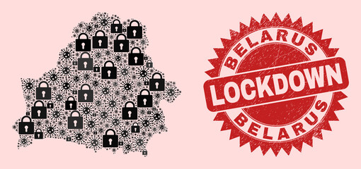 Vector coronavirus lockdown collage Belarus map and dirty seal. Lockdown red watermark uses sharp rosette shape. Collage Belarus map is designed from virus, and locked icons.