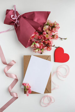 Happy Valentine's Day greeting card. beautiful bouquet of flowers, red heart and space for text