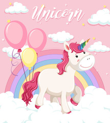 Unicorn stand on the cloud with pastel rainbow on pink sky background