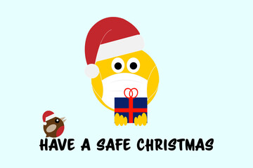 Christmas emoji wearing face mask carrying a gift with robin, Youth safe christmas text