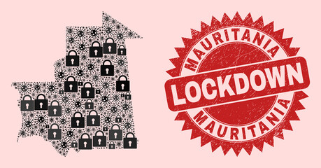 Vector pandemic lockdown collage Mauritania map and textured seal. Lockdown red watermark uses sharp rosette shape. Collage Mauritania map is formed of Covid, and locked icons.