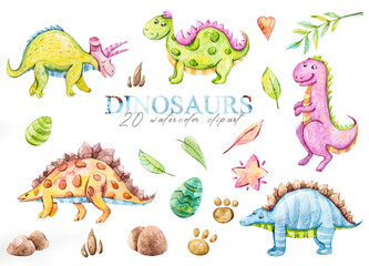 Obraz premium Watercolor cute dinosaurs clipart set.Cartoon nursery illustration isolated on a white background. Hand painted illustration for sticker, pattern, baby shower, birthday invitation, poster, sublimation