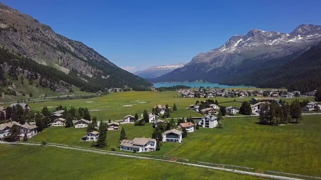Aerial panorama of Engadin valley and Silvaplana lake, Graubunden, Switzerland. 2.5x speeded up from 24 fps.