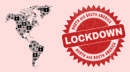Vector Covid-2019 lockdown collage South and North America map and rubber stamp imitation. Lockdown red stamp seal uses sharp rosette shape. Mosaic South and North America map is made of covid,