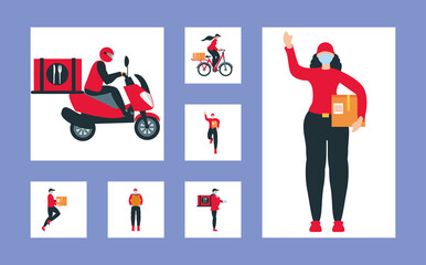 set of delivery people worker with mask parcel transport icons