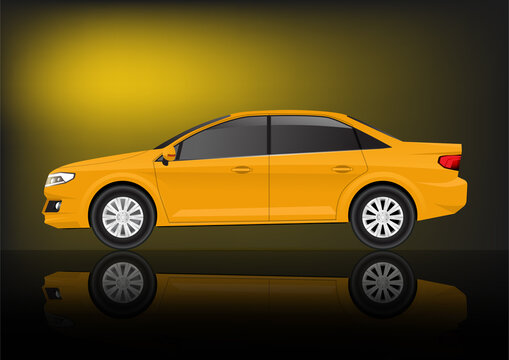 Realistic Yellow Sedan Car Side View.