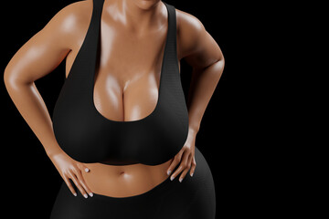 Naklejka premium Young slim woman with big breasts in black sportswear