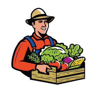Farmer holding wooden box full vegetables. Farm, agriculture vector illustration