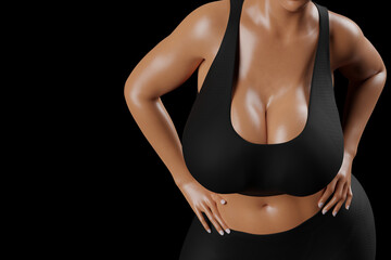 Young slim woman with big breasts in black sportswear