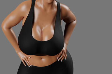 Fototapeta premium Young slim woman with big breasts in black sportswear