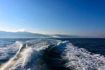 愛媛県の猫島、青島へ向かうフェリーが立てる波しぶき