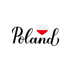 Poland calligraphy hand lettering isolated on white. Polish flag in shape of heart. Easy to edit vector template for typography poster banner, flyer, sticker, shirt, postcard, etc