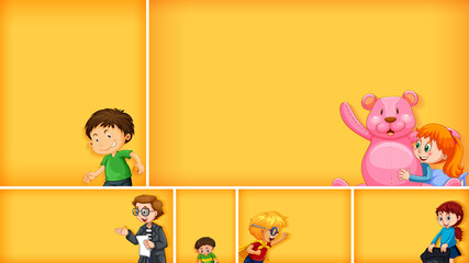Set of different kid characters on yellow color background