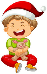Cute boy wearing Christmas hat and playing with his toy on white background