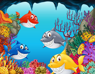 Obraz na płótnie Canvas Many sharks cartoon character in the underwater background