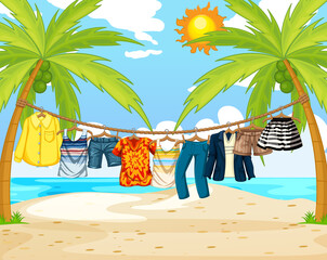Many clothes hanging on a line in the beach scene