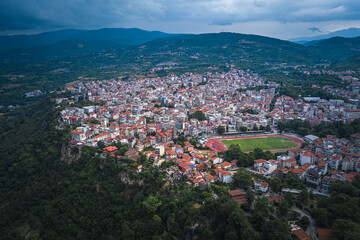 Aerial panoramic view of Edessa city and waterfall  in Edessa city, Greece