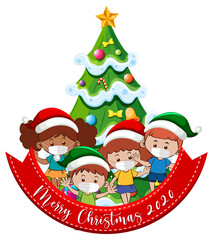 Merry Christmas 2020 font banner with children wearing mask on white background