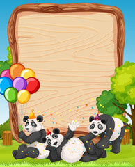 Blank wooden board template with pandas in party theme on forest background
