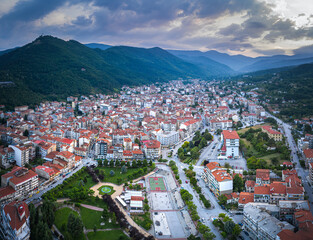 Fototapeta na wymiar Aerial view of Florina city in northern Greece at twilight time