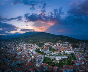 Aerial view of Florina city in northern Greece at twilight time