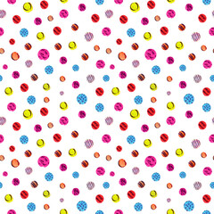 Watercolor  handdrawn background made of colorful confetti . Seamless pattern with red,pink,blue and yellow confetti, good for wrapping paper, textile and backgrounds.