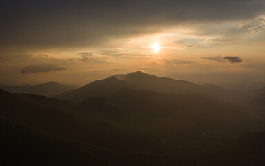 Mountains background, orange sunset near Florina, Greece