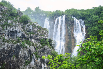 Plitvice Lakes beautiful nature, wood bridge. lakes, waterfall, rainbow, rivers.
