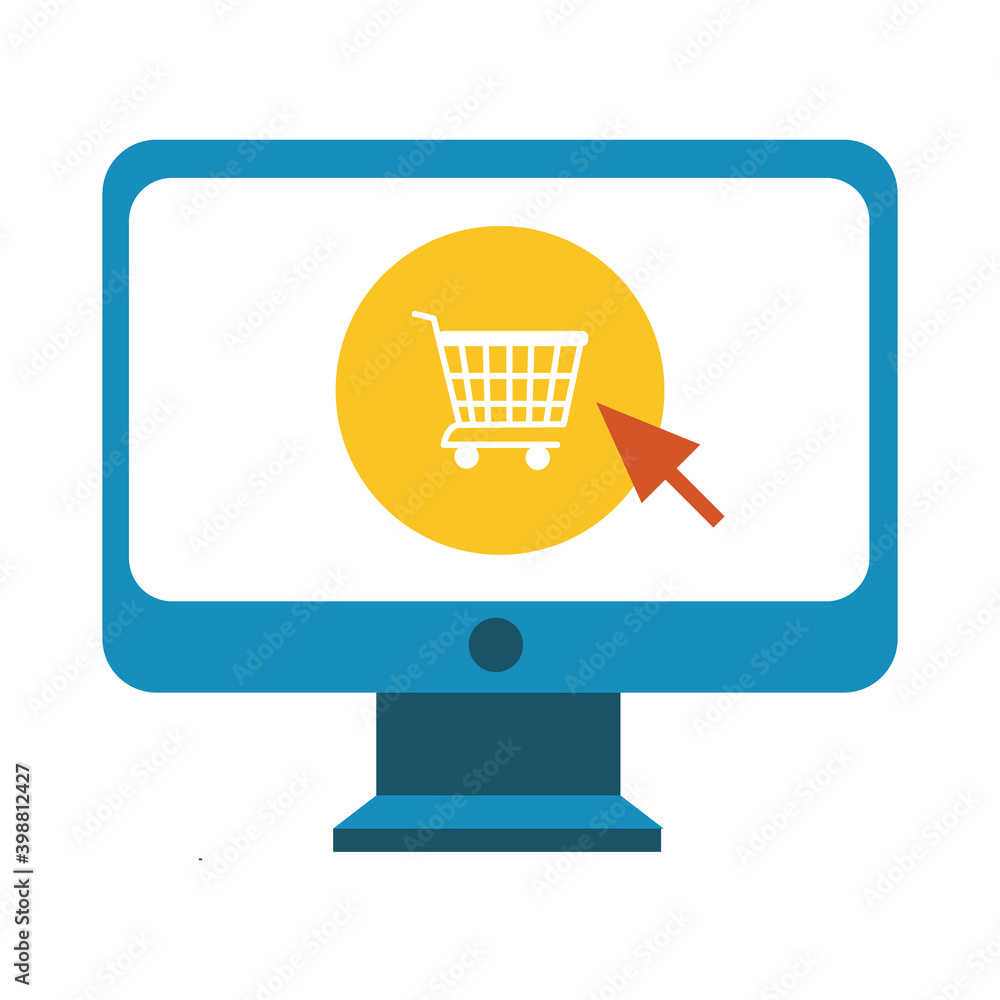 Poster desktop with shopping cart and mouse arrow line and fill style icon
