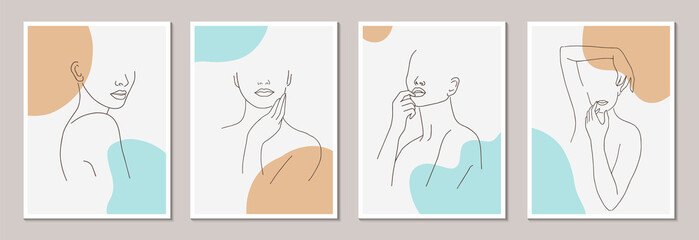 Set of posters template with minimalistic female figure. Linear female body and abstract shapes. Modern abstract line art style. Vector illustration. 