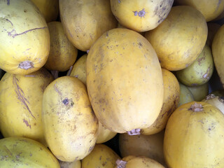 High angle close-up view of fresh Spaghetti Squash displayed for sale at a grocery market