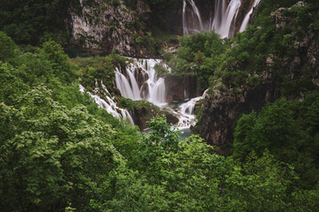 Plitvice Lakes beautiful nature, wood bridge. lakes, waterfall, rainbow, rivers.